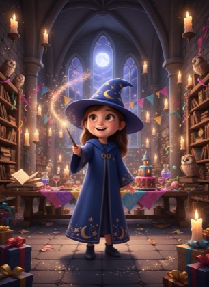 Birthday invitation template for a girl — Magic school, 3–6 years