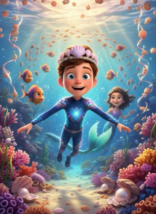Birthday invitation template for a boy — Mermaid, 7–12 years