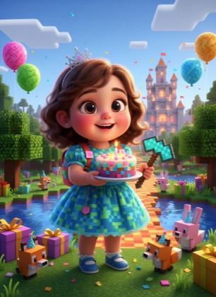 Birthday invitation template for a girl — Pixel world, 1–2 years