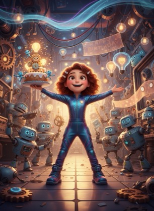 Birthday invitation template for a girl — Robots, 7–12 years